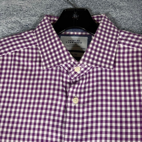 Charles Tyrwhitt Mens Slim Fit Gingham Dress Shirt Purple White 17/33 Cotton - Picture 2 of 16